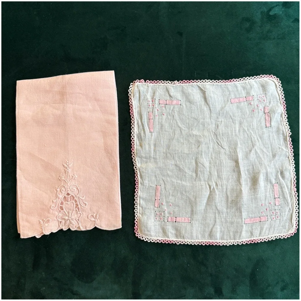 Vintage Pink Handkerchief and Guest Towel Set Embroidered Linen Lace